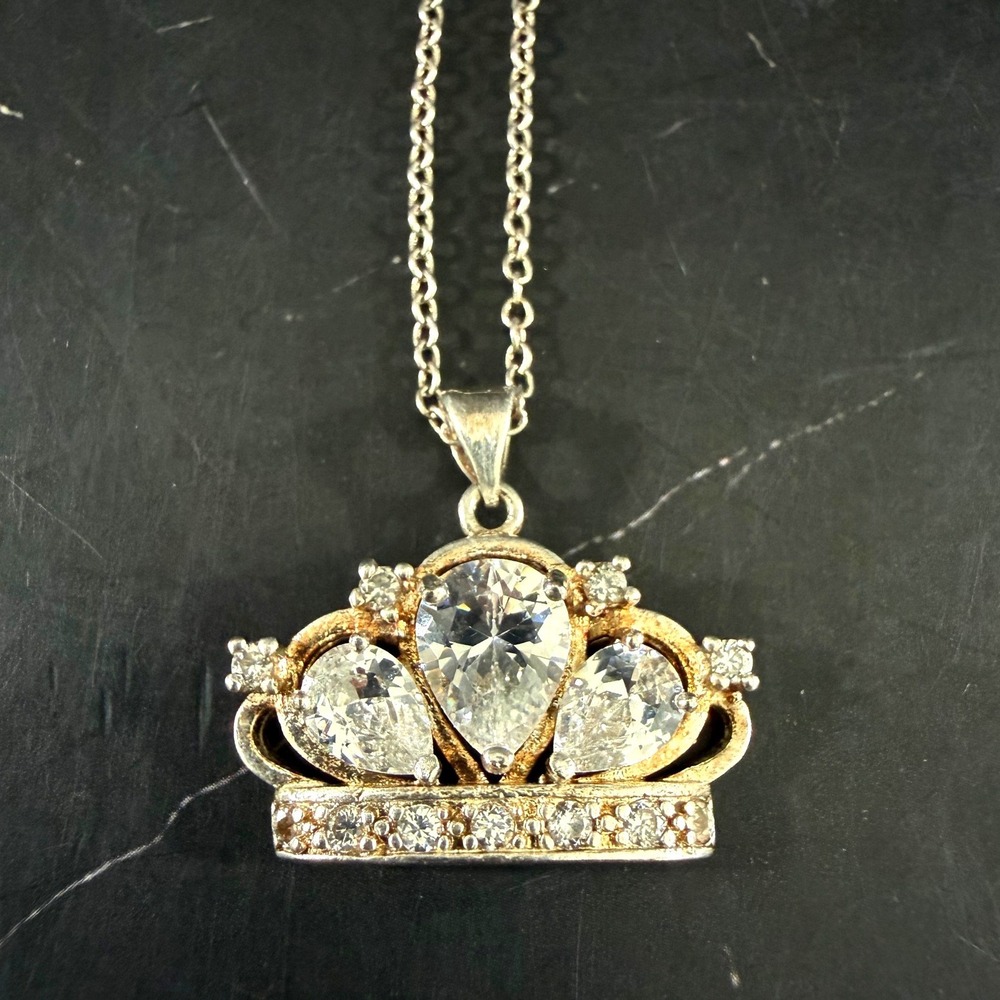 Swarovski Crystal Tiara Crown 18iin Necklace White Gold Plated Sterling Chain